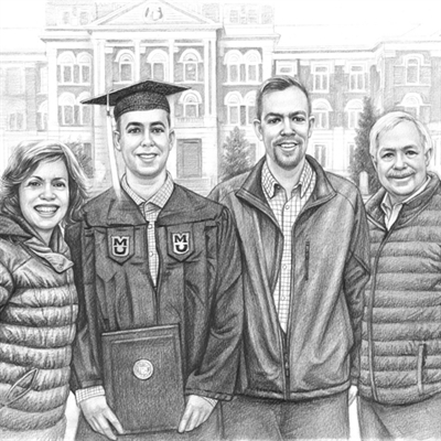 Hand Drawn Pencil Portrait of A Young Man with His Family at Graduation Ceremony,by myDaVinci - myDaVinci